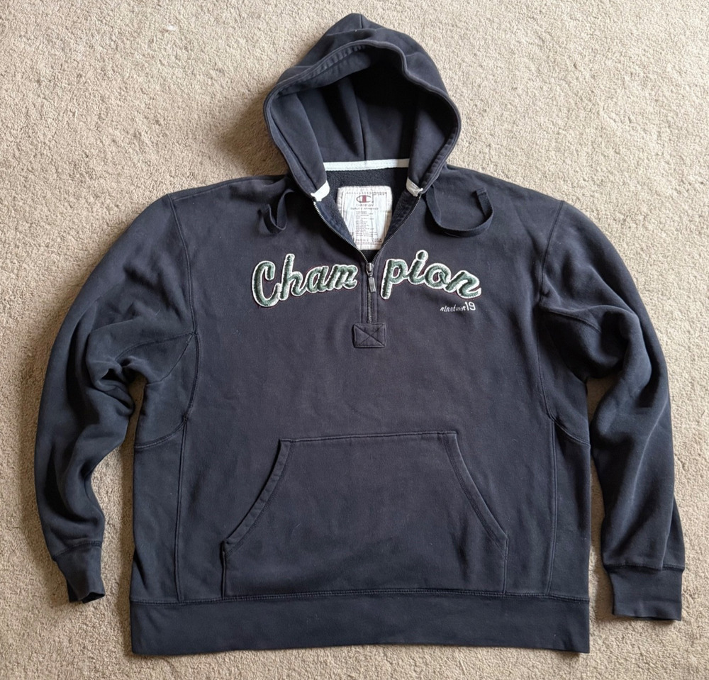 Vintage Champion Reverse Weave Hoodie 1/4 Zip Embroidered Logo Black XL RARE
